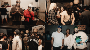 A collage of four photos showing people socializing at an indoor event, talking, smiling, and standing in groups in a casual setting.